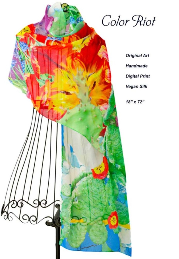 Vibrant red purple, yellow parrot tulips and cactus, original design