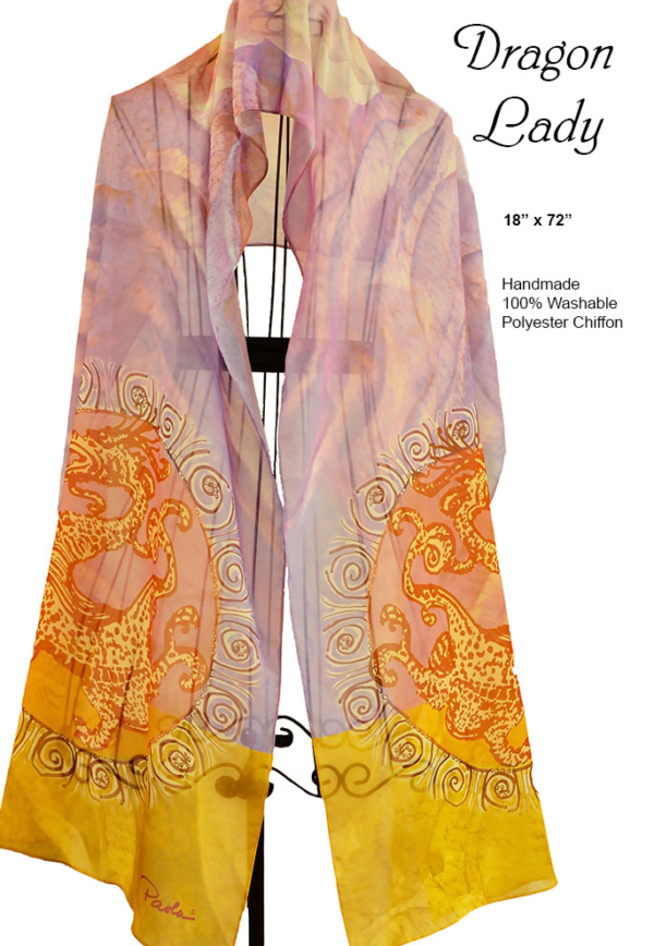 dragon motif, line drawing, lavender, golden birders, chiffon scarf