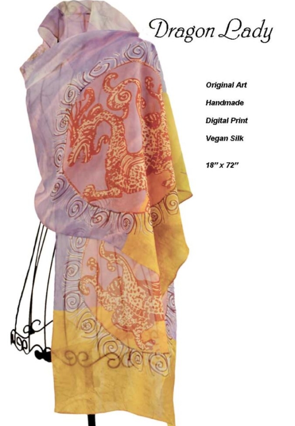 Lavender, ocher, soft hand drawn dragon image, scarf