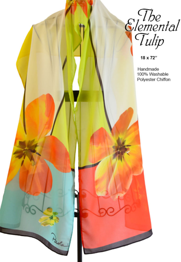 Large, color blocks, red, orange, yellow, blue, large tulips, black border, chiffon scarf, handmade, original