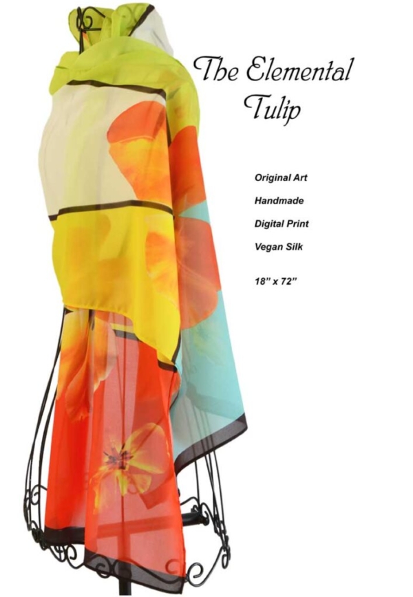 Hot abstract tulip and color block design, black edges chiffon