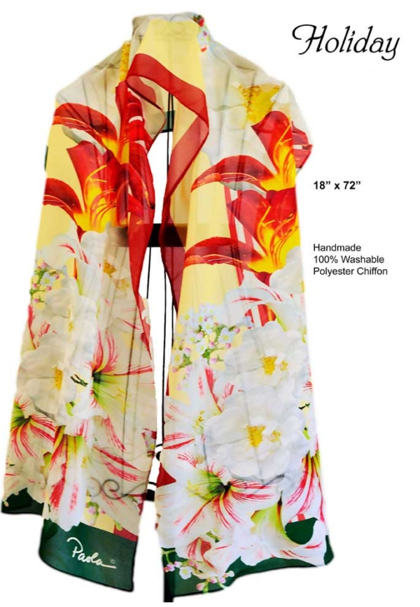 Red, white, green and holiday flowers in chiffon