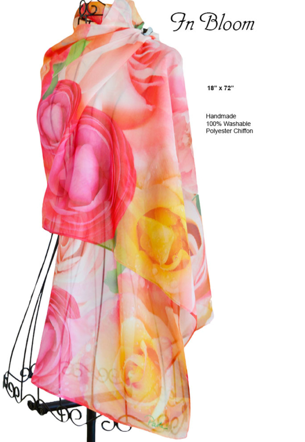 Pink roses, yellow, handmade, scarf, polyester chiffon, washable