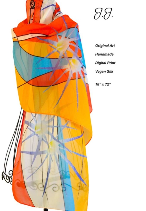 Abstract blue stars, white, yellow, orange and blue vegan silk scarf