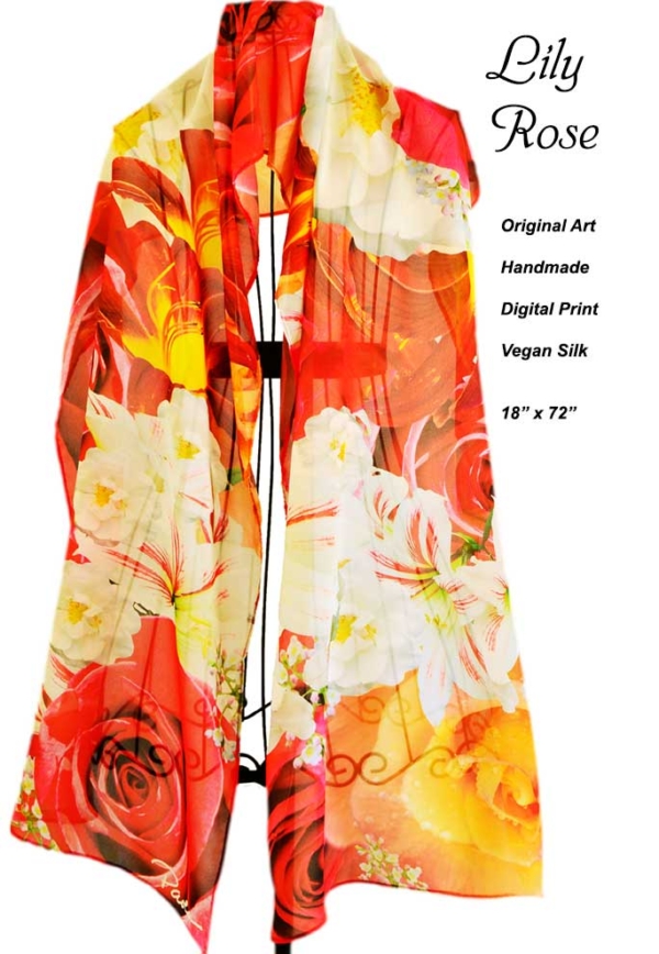 Red and yellow roses, white lilies an original design on vegan silk