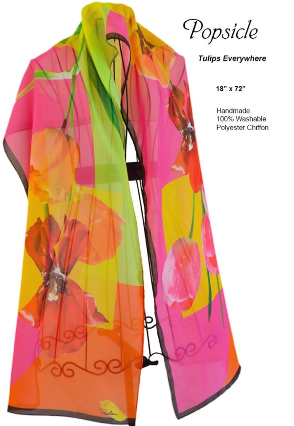 Bright, red, pink, orange, lime green, tulips, black accents, chiffon scarf, original, washable, color blocks
