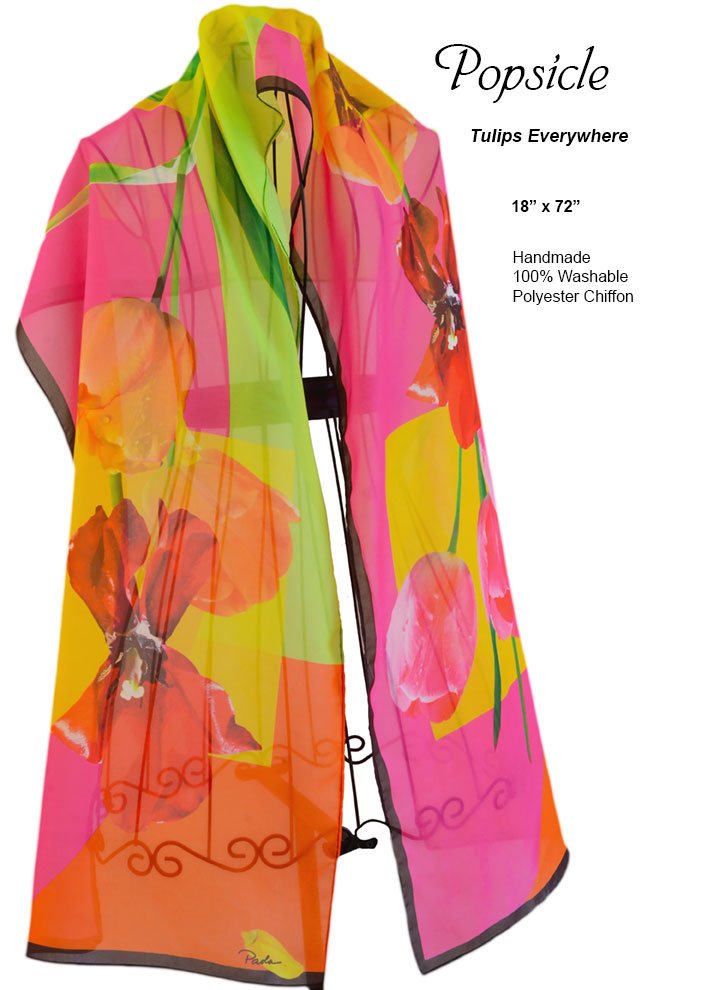 Bright, red, pink, orange, lime green, tulips, black accents, chiffon scarf, original, washable, color blocks