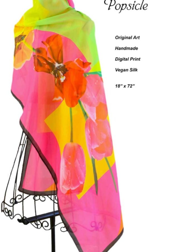 hot pink with black edge, abstract tulip, lime green block print