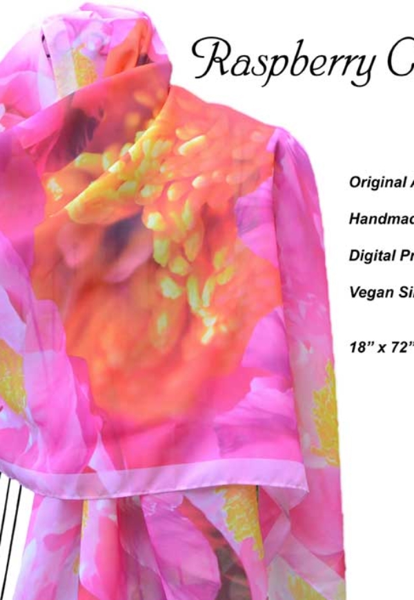 Hot Pink peonies with bright orange centers vegan silk original scarf