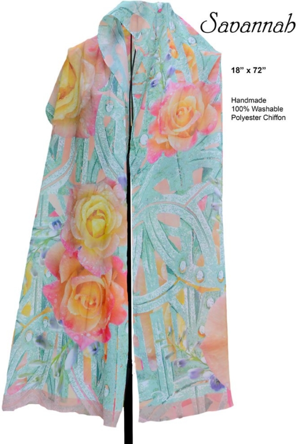 Roses, aqua, green and yellow, pastels, floral, unique chiffon scarf