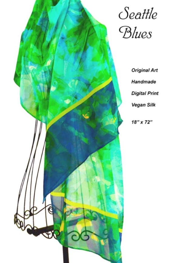 Greens and blues abstract original design vegan silk