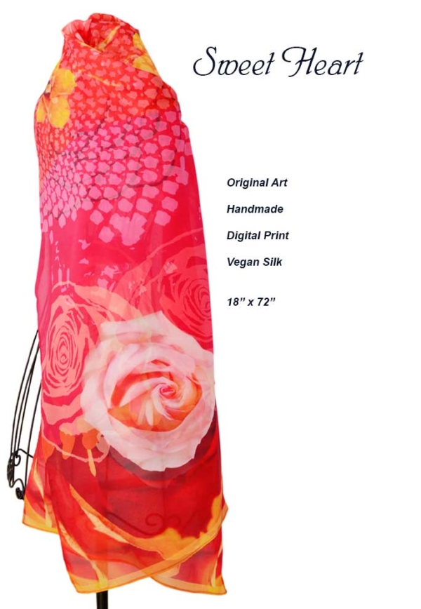 red rose romance, orange hibiscus, vegan silk original scarf