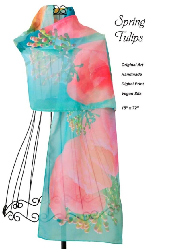Pink tulips, viburnum buds, scarf, original art, aqua design