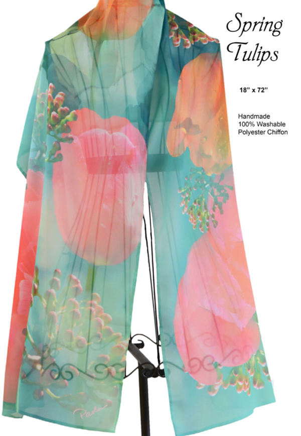 Pink, peach tulips and viburnum buds on aqua chiffon