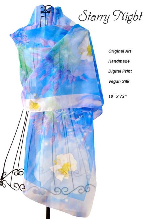 Blue, white roses, purple allium scarf design, vegan silk