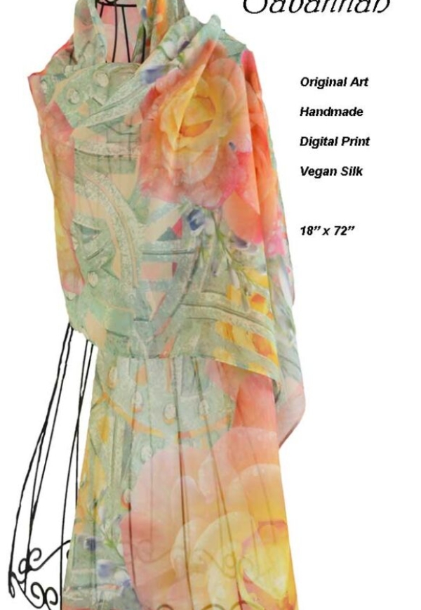 Mint green graphics and peach/yellow roses on vegan silk