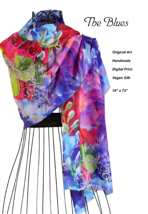 Red roses, purple allium, blue overall, scarf, original design